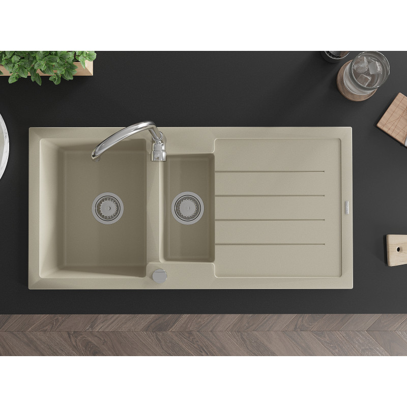 Mexen Andres évier en granit 1,5 bac avec égouttoir 1000 x 500 mm, beige, siphon chromé - 6515101510-69
