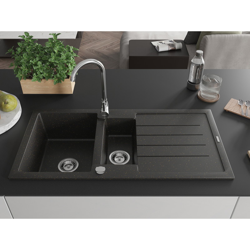 Mexen Andres évier en granit à 1,5 bac avec égouttoir 1000 x 500 mm, noir/doré métallique, siphon chromé - 6515101510-75