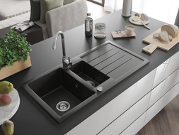 Mexen Andres évier en granit à 1,5 bac avec égouttoir 1000 x 500 mm, noir/doré métallique, siphon chromé - 6515101510-75