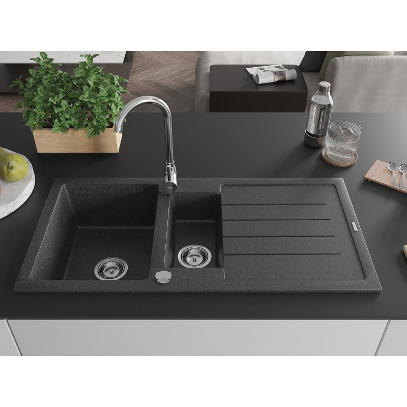 Mexen Andres évier en granit 1,5 bac avec égouttoir 1000 x 500 mm, noir moucheté, siphon chromé - 6515101510-76