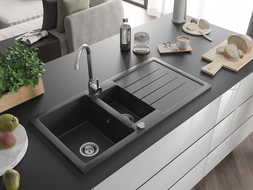 Mexen Andres évier en granit 1,5 bac avec égouttoir 1000 x 500 mm, noir moucheté, siphon chromé - 6515101510-76