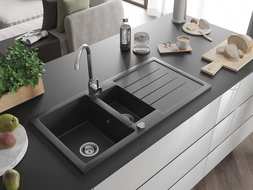 Mexen Andres évier en granit à 1,5 cuvette avec égouttoir 1000 x 500 mm, Noir moucheté - 6515101510-76