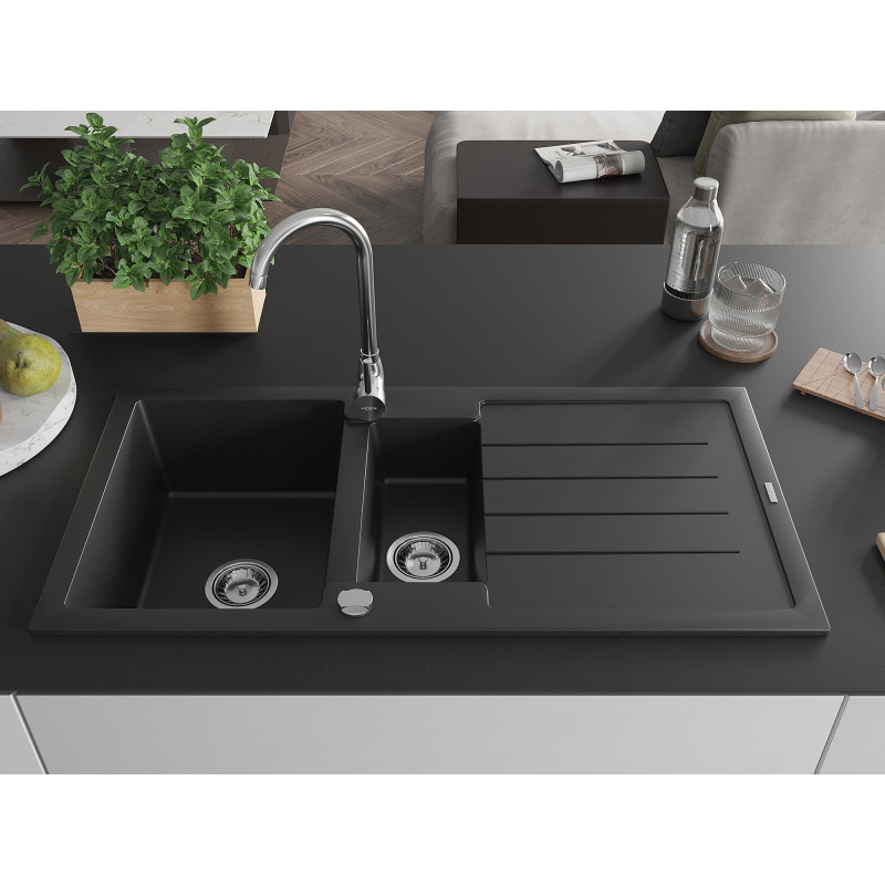 Mexen Andres évier en granit 1,5 bac avec égouttoir 1000 x 500 mm, noir, siphon chromé - 6515101510-77
