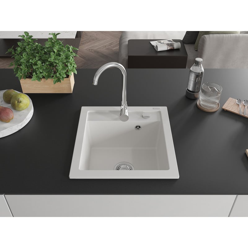 Mexen Vito évier de cuisine en granit 1 bac 520 x 490 mm, blanc, siphon chromé - 6503521000-20