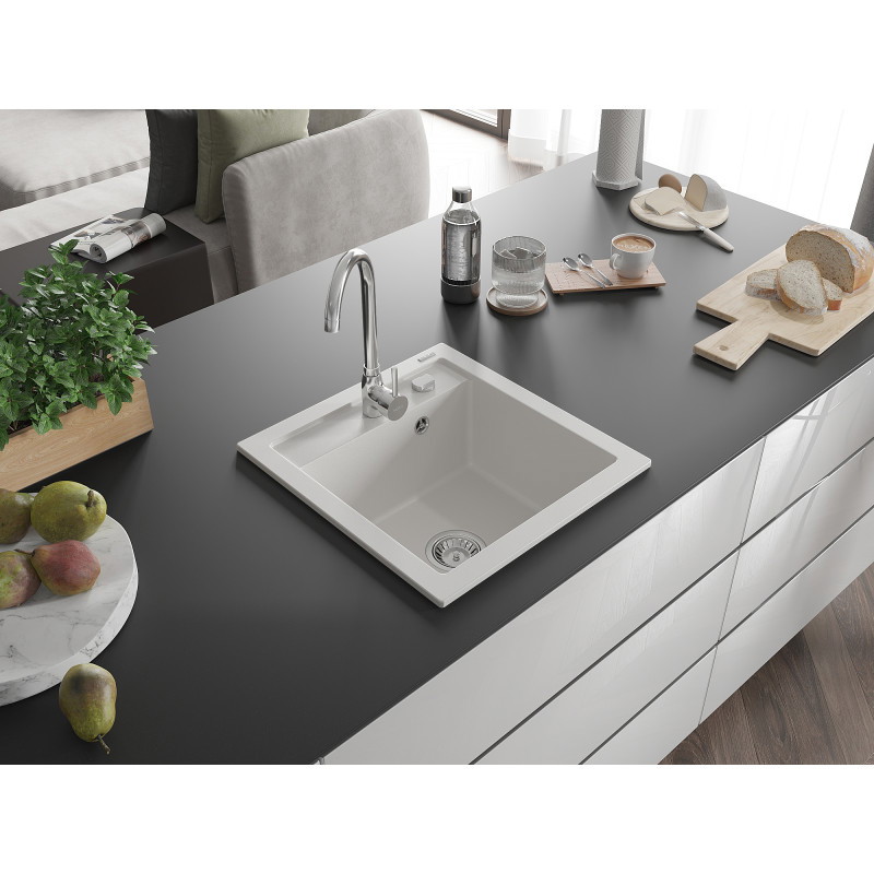 Mexen Vito évier en granit 1 bac 520 x 490 mm, blanc, siphon chromé - 6503521000-20
