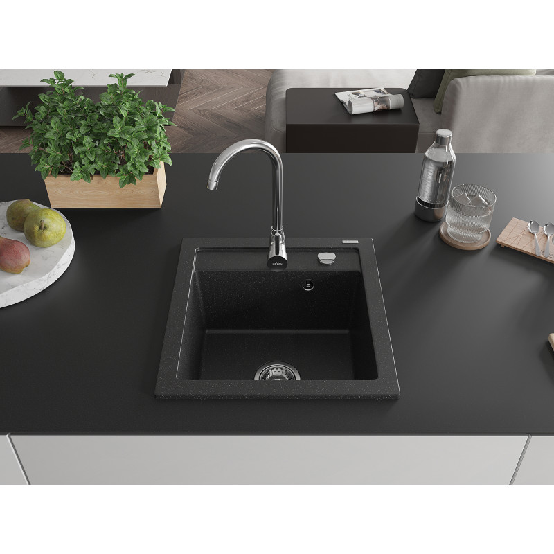 Mexen Vito évier en granit 1 bac 520 x 490 mm, noir/métallisé argent, siphon chromé - 6503521000-73