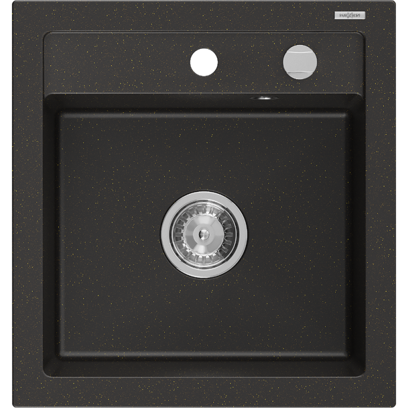 Mexen Vito évier en granit 1 bac 520 x 490 mm, noir/doré métallique, siphon chromé - 6503521000-75