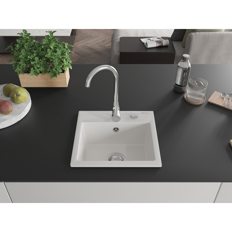 Mexen Milo évier en granit à 1 cuve 435 x 410 mm, blanc, siphon chromé - 6505441000-20