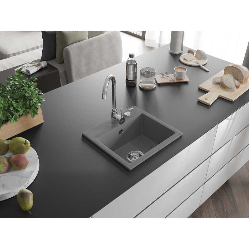 Mexen Milo évier en granit à 1 bac 435 x 410 mm, gris, siphon chromé - 6505441000-71