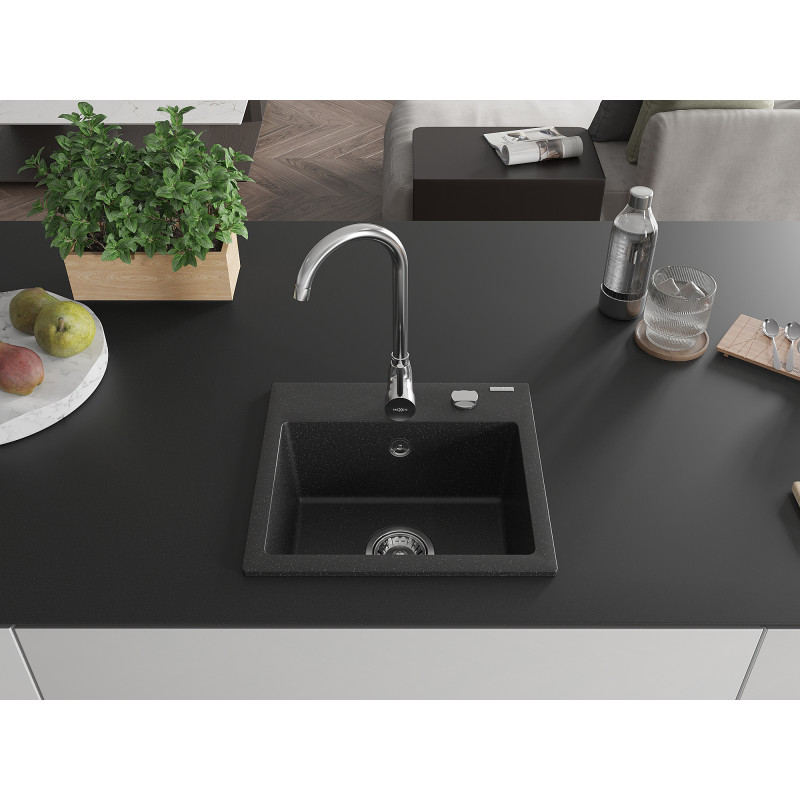 Mexen Milo évier en granit 1 bac 435 x 410 mm, noir/argent métallisé, siphon chromé - 6505441000-73