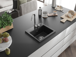 Mexen Milo évier en granit 1 bac 435 x 410 mm, noir/argent métallisé, siphon chromé - 6505441000-73