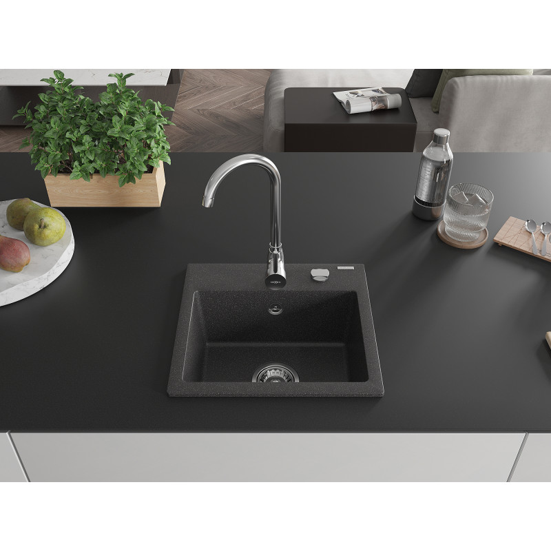 Mexen Milo évier en granit à 1 bac 435 x 410 mm, noir moucheté, siphon chromé - 6505441000-76