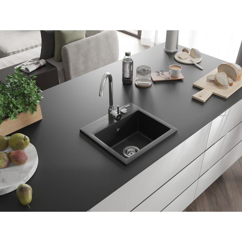 Mexen Milo évier en granit à 1 bac 435 x 410 mm, noir, siphon chromé - 6505441000-77