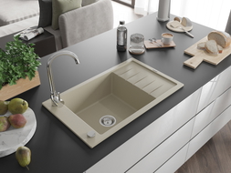 Mexen Elias évier en granit 1 bac avec égouttoir 795 x 480 mm, beige, siphon chromé - 6511791005-69