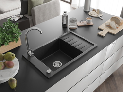 Mexen Elias évier en granit à 1 cuve avec un égouttoir court 795 x 480 mm, Noir/Argent métallique - 6511791005-73