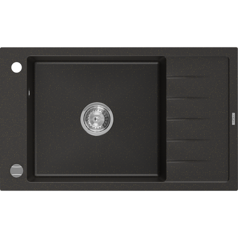Mexen Elias Évier de cuisine en granit 1 bac avec égouttoir 795 x 480 mm, noir/doré métallique, siphon chromé