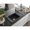 Mexen Elias Évier de cuisine en granit 1 bac avec égouttoir 795 x 480 mm, noir/doré métallique, siphon chromé