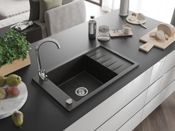 Mexen Elias évier en granit à 1 cuve avec un égouttoir court 795 x 480 mm, Noir/Or métallique - 6511791005-75