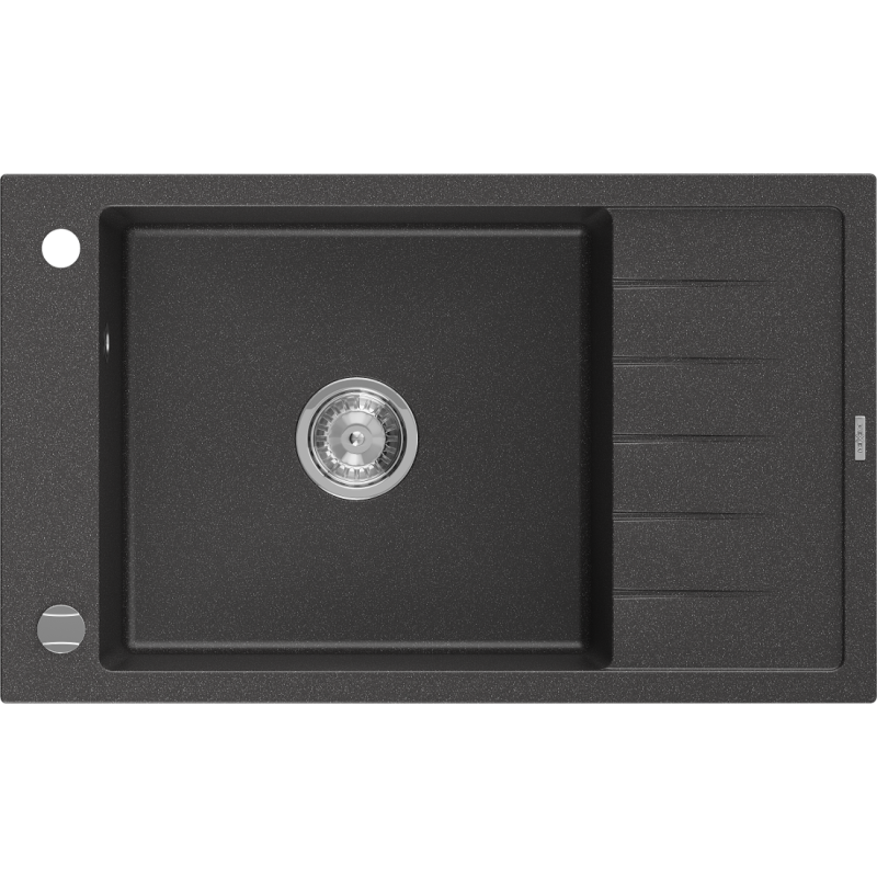 Mexen Elias évier en granit 1 bac avec égouttoir 795 x 480 mm, noir moucheté, siphon chromé - 6511791005-76