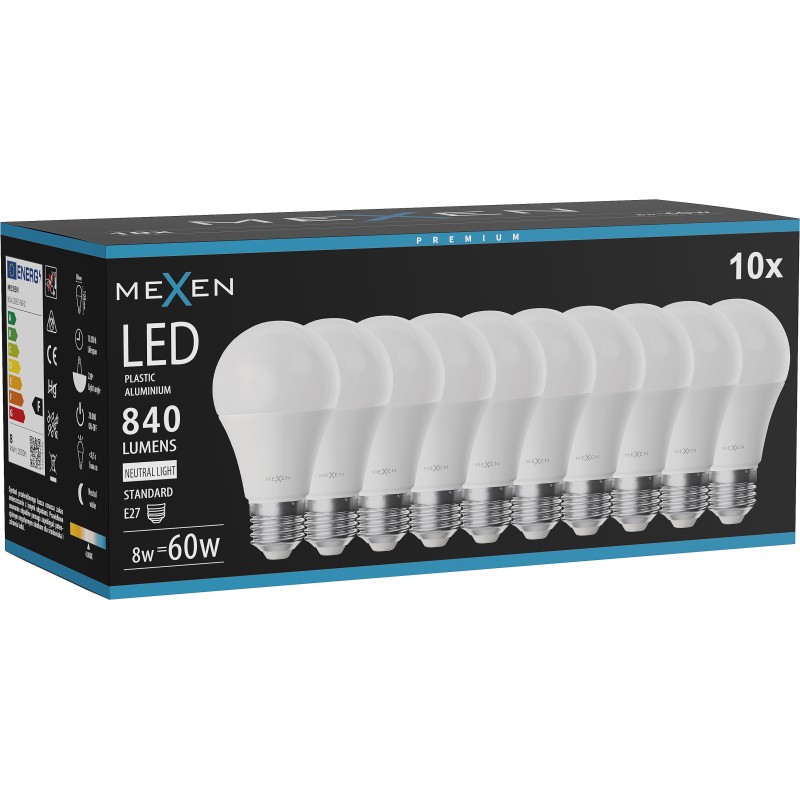Mexen Nova 10x Ampoule LED E27, A60, 8W, Neutre - 4000K, 840 lm - L100-E27-0840-01x10