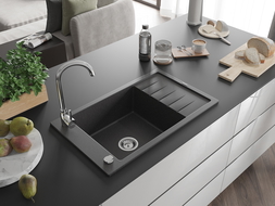 Mexen Elias évier en granit à 1 cuve avec un égouttoir court 795 x 480 mm, Noir moucheté - 6511791005-76