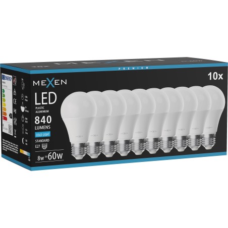 Mexen Nova 10x Ampoule LED E27, A60, 8W, Froide - 6500K, 840 lm - L100-E27-0865-01x10