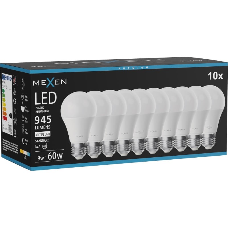Mexen Nova 10x Ampoule LED E27, A60, 9W, Neutre - 4000K, 945 lm - L100-E27-0940-01x10