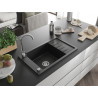 Mexen Elias évier de cuisine en granit à 1 bac avec égouttoir 795 x 480 mm, noir, siphon chromé - 6511791005-77
