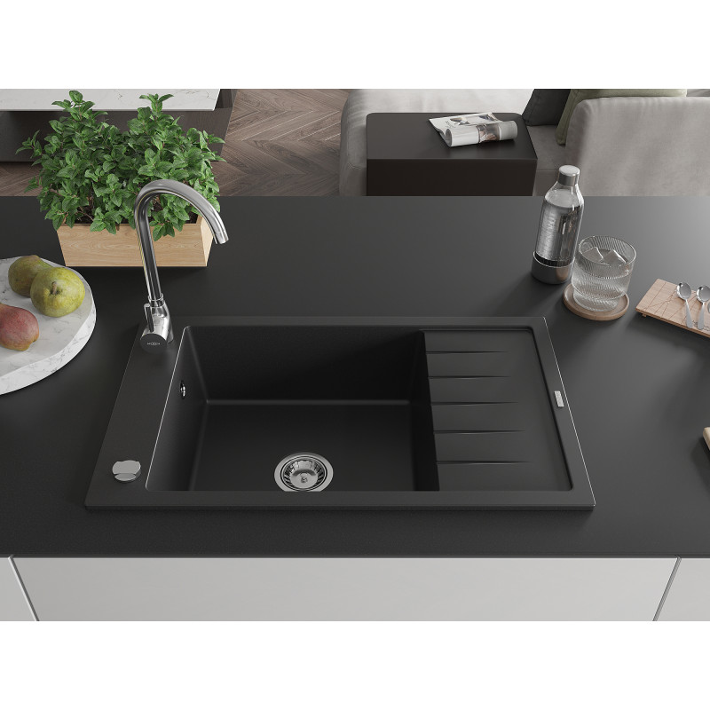 Mexen Elias évier de cuisine en granit à 1 bac avec égouttoir 795 x 480 mm, noir, siphon chromé - 6511791005-77