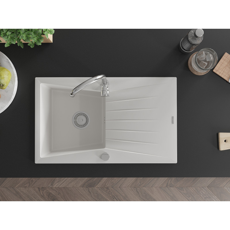 Mexen Cesar Évier en granit 1 bac avec égouttoir 775 x 470 mm, blanc, siphon chromé - 6514771010-20