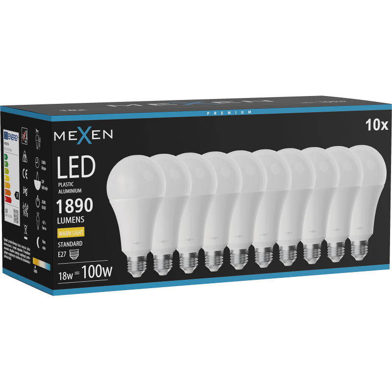 Mexen Nova 10x Ampoule LED E27, A70, 18W, Chaude - 3000K, 1890 lm - L100-E27-1830-01x10