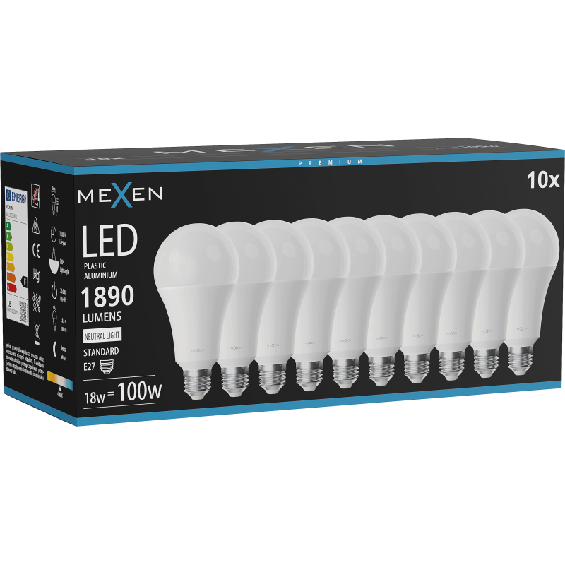 Mexen Nova 10x Ampoule LED E27, A70, 18W, Neutre - 4000K, 1890 lm - L100-E27-1840-01x10