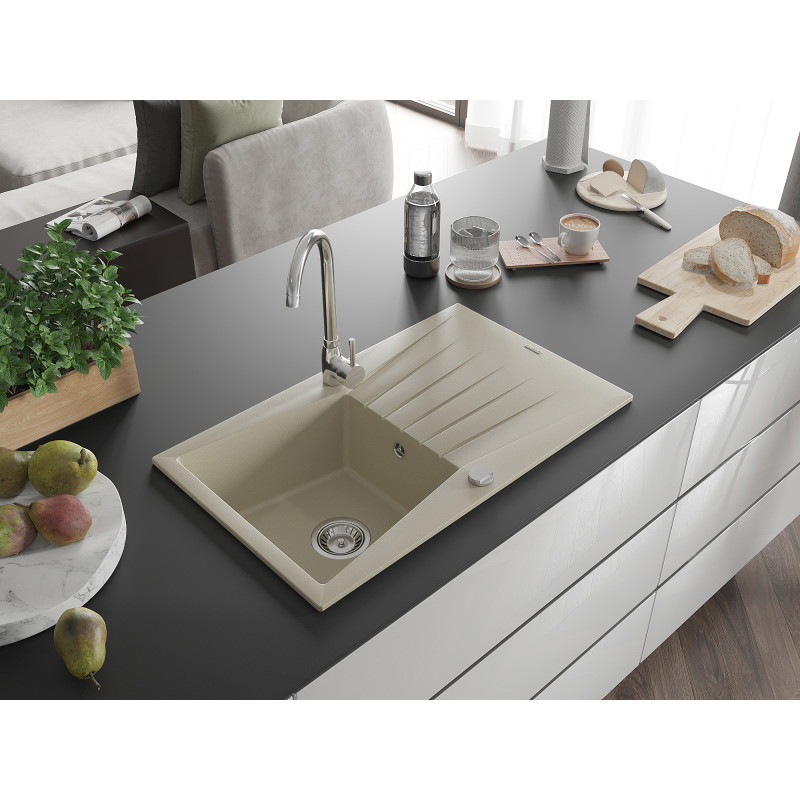 Mexen Cesar évier en granit 1 cuve avec égouttoir 775 x 470 mm, beige, siphon chromé - 6514771010-69