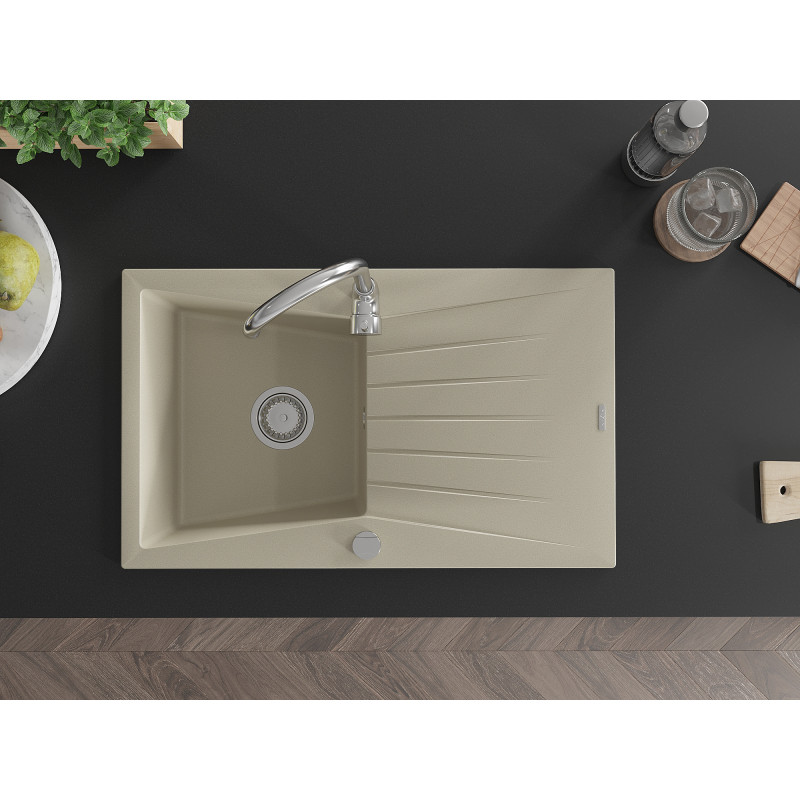 Mexen Cesar évier en granit 1 cuve avec égouttoir 775 x 470 mm, beige, siphon chromé - 6514771010-69