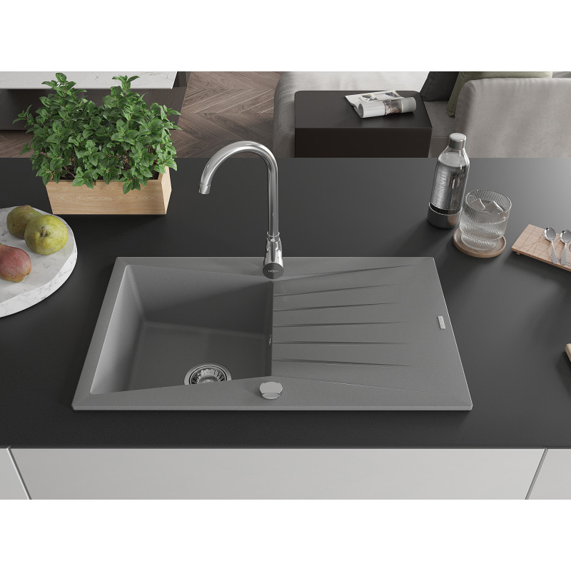 Mexen Cesar Évier en granit 1 bac avec égouttoir 775 x 470 mm, gris, siphon chromé - 6514771010-71