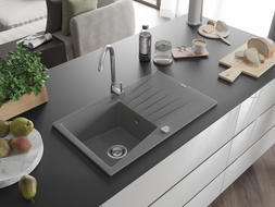 Mexen Cesar Évier en granit 1 bac avec égouttoir 775 x 470 mm, gris, siphon chromé - 6514771010-71