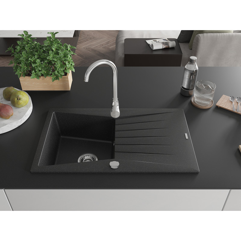 Mexen Cesar Évier en granit 1 bac avec égouttoir 775 x 470 mm, noir/argent métallisé, siphon chromé - 6514771010-73