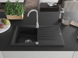 Mexen Cesar évier en granit à 1 cuve avec égouttoir 775 x 470 mm, Noir/Argent métallique - 6514771010-73