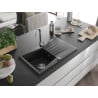Mexen Cesar évier en granit 1 bac avec égouttoir 775 x 470 mm, noir/argent métallisé, siphon chromé - 6514771010-73