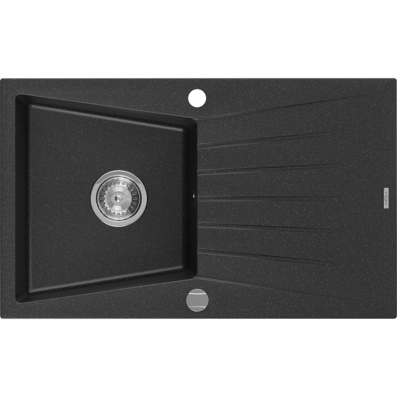 Mexen Cesar évier en granit 1 bac avec égouttoir 775 x 470 mm, noir/argent métallisé, siphon chromé - 6514771010-73