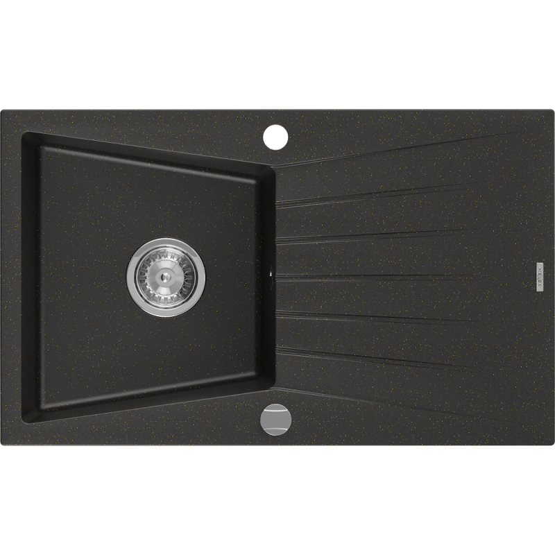 Mexen César évier en granit 1 bac avec égouttoir 775 x 470 mm, noir/or métallisé, siphon chromé - 6514771010-75