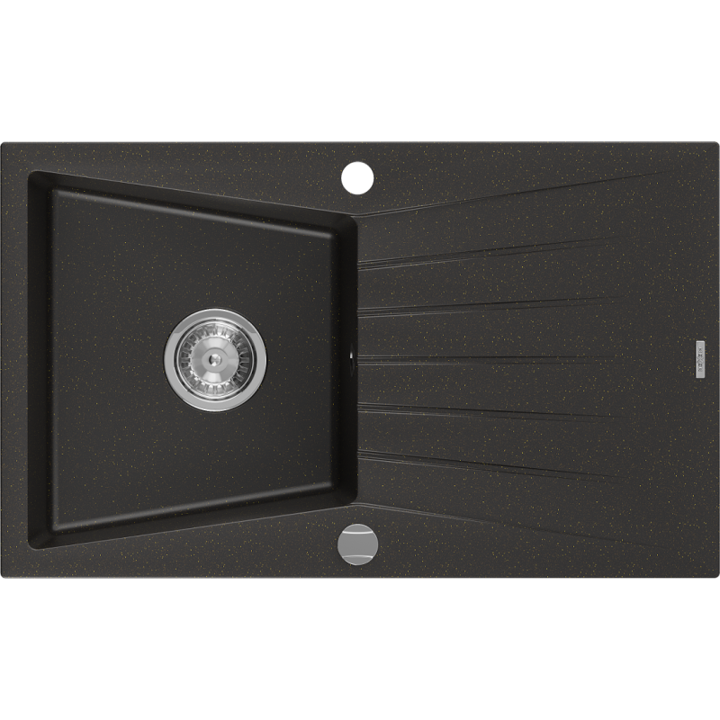 Mexen Cesar évier en granit à 1 cuve avec égouttoir 775 x 470 mm, Noir/Or métallique - 6514771010-75