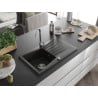 Mexen César évier en granit 1 bac avec égouttoir 775 x 470 mm, noir/or métallisé, siphon chromé - 6514771010-75