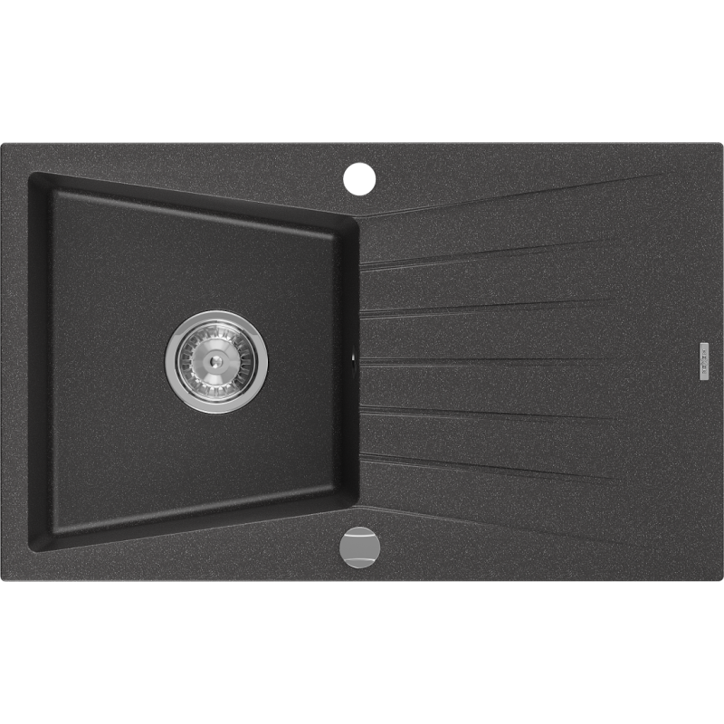 Mexen Cesar évier en granit 1 bac avec égouttoir 775 x 470 mm, noir moucheté, siphon chromé - 6514771010-76