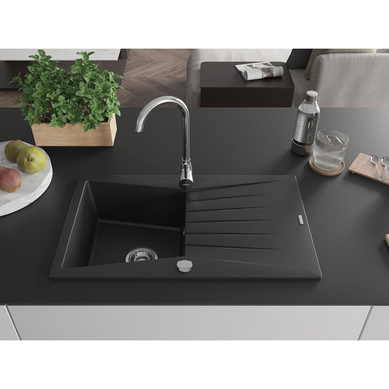 Mexen Cesar évier en granit 1 bac avec égouttoir 775 x 470 mm, noir, siphon chromé - 6514771010-77