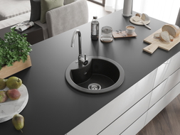 Mexen Diego évier en granit 1 bac 488 x 480 mm, noir/doré métallisé, siphon chromé - 6512481000-75