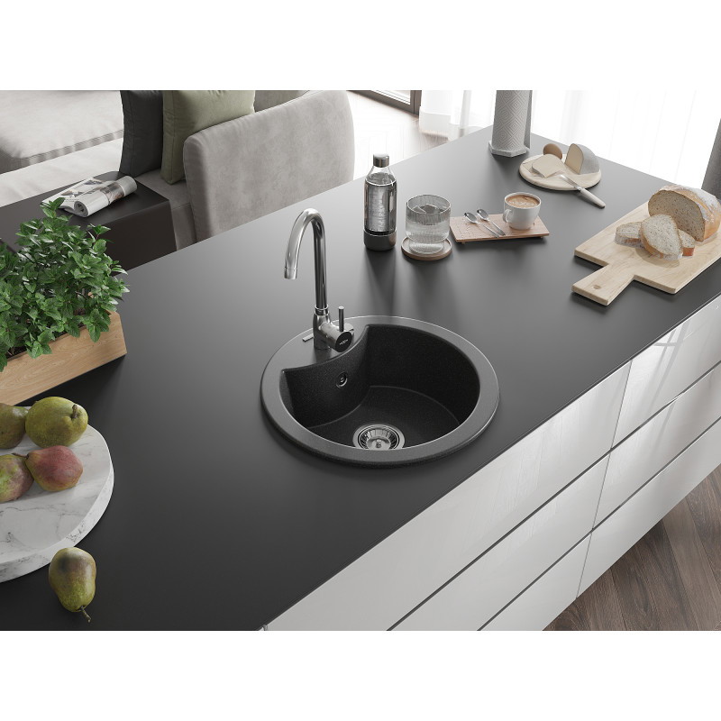 Mexen Diego évier granit 1-bac 488 x 480 mm, noir moucheté, siphon chromé - 6512481000-76