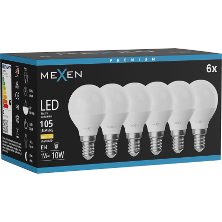 Mexen Nova 6x Ampoule LED E14, G45, 1W, Chaude - 3000K, 105 lm - L101-E14-0130-01x06