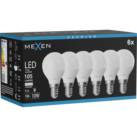 Mexen Nova 6x Ampoule LED E14, G45, 1W, Neutre - 4000K, 105 lm - L101-E14-0140-01x06