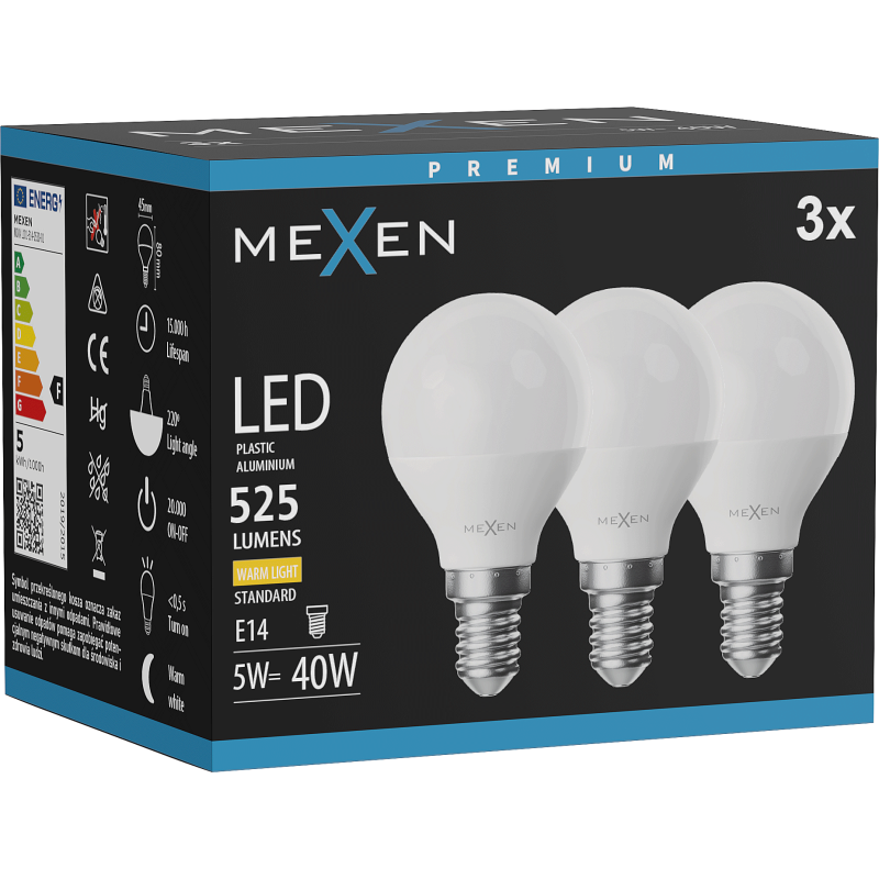 Mexen Nova 3x Ampoule LED E14, G45, 5W, Chaude - 3000K, 525 lm - L101-E14-0530-01x03